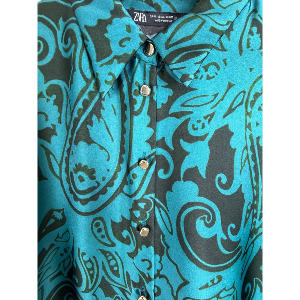 ZARA Teal Black Paisley Satin Shirt Dress XL Long Sleeve Button Up 8735/214 - Picture 4 of 12